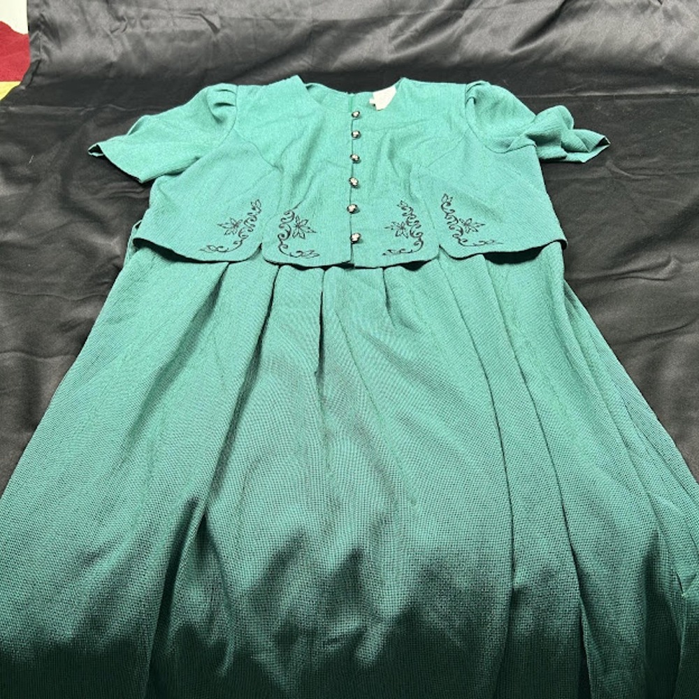 Lady Dorby Vintage Teal Green Embroidered Midi Dress Short Sleeve Size 14